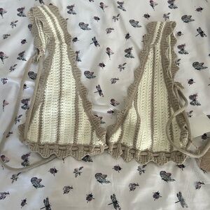 Meshki Crochet Bikini Top and skirt in Cream and Brown